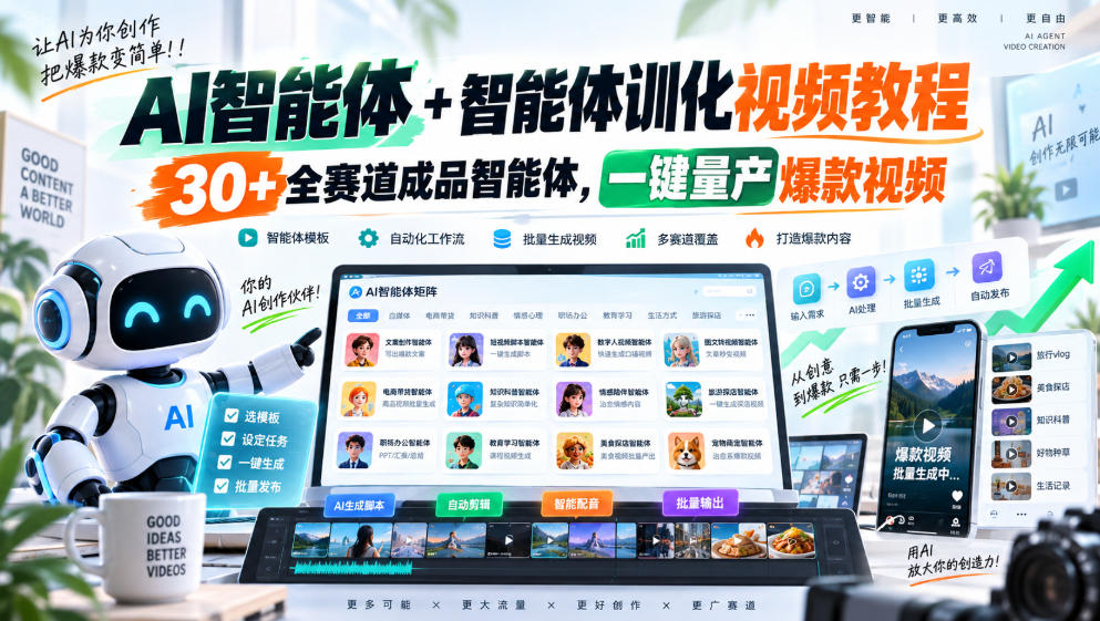 【无水印】AI智能体+智能体训化视频教程,30+全赛道成品智能体,一键量产爆款视频【更新】-副业网