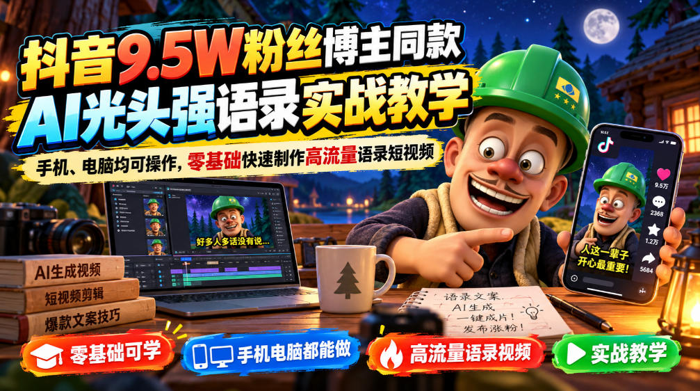 抖音9.5W粉丝博主同款AI光头强语录实战教学,手机、电脑均可操作,零基础快速制作高流量语录短视频-副业网