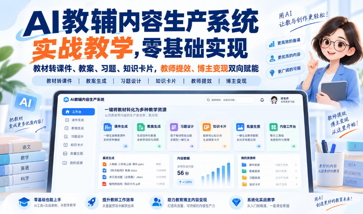 【无水印】AI教辅内容生产系统实战教学,零基础实现教材转课件、教案、习题、知识卡片,教师提效、博主变现双向赋能(更新0926)-副业网
