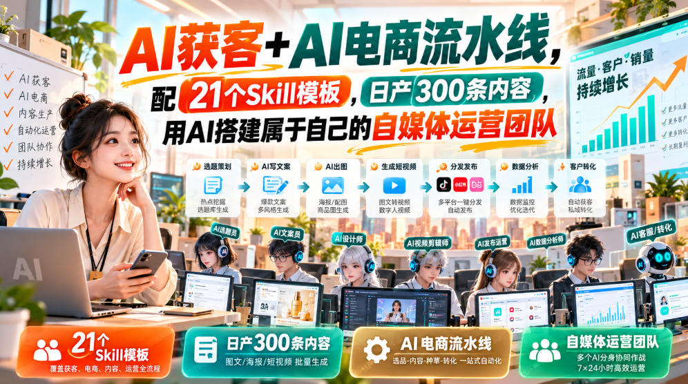 AI获客+AI电商流水线,配21个Skill模板,日产300条内容,用AI搭建属于自己的自媒体运营团队-副业网