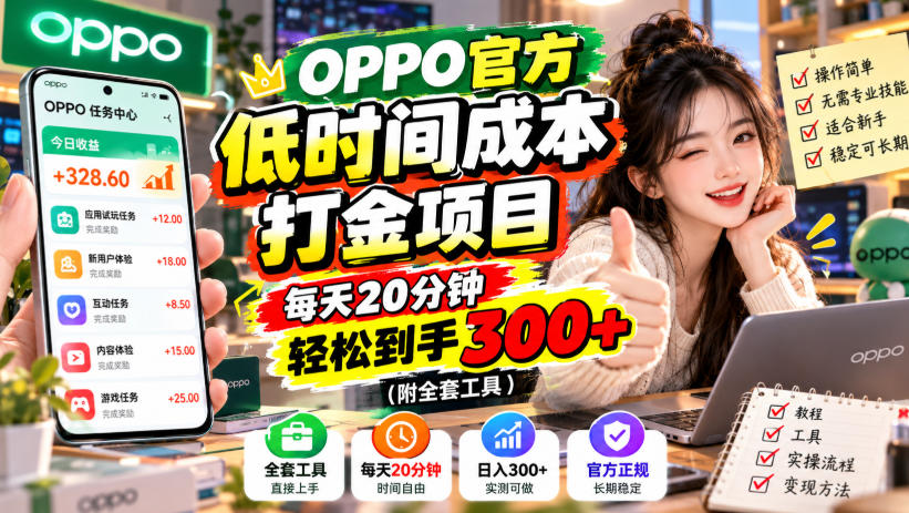 OPPO官方低时间成本打金项目,每天20分钟,轻松到手300+(附全套工具)【揭秘】-副业网
