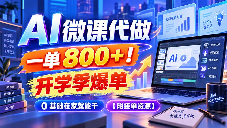 AI 微课代做,一单 800+!开学季爆单,0 基础在家就能干【附接单资源】-副业网