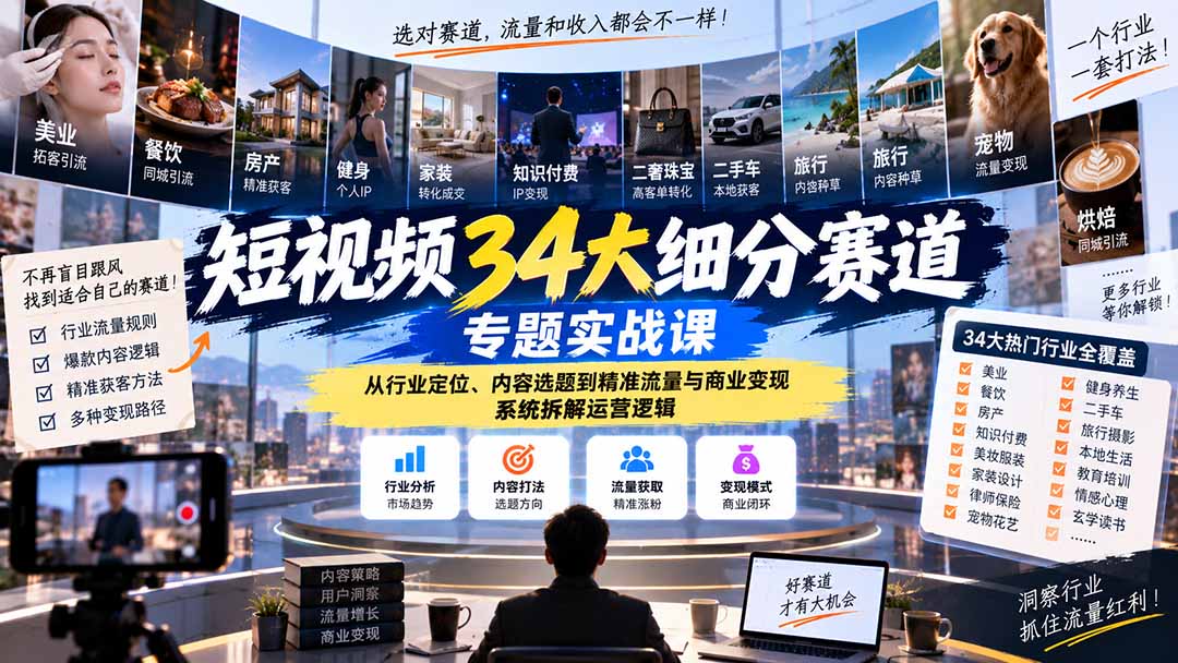 短视频34大细分赛道专题实战课:从行业定位、内容选题到精准流量与商业变现,系统拆解运营逻辑-副业网