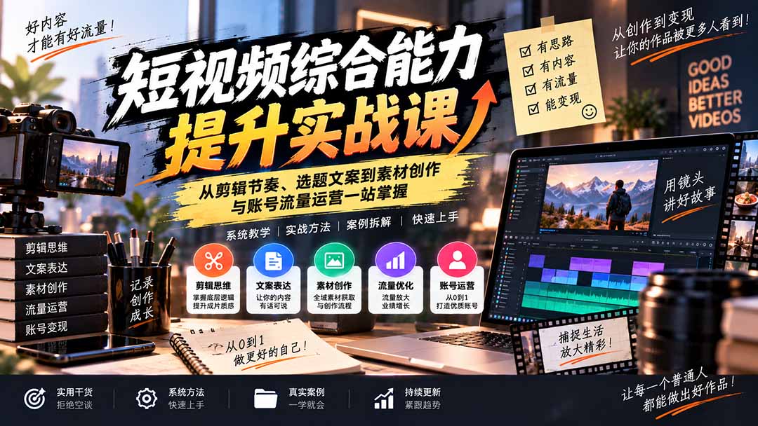 短视频综合能力提升实战课:从剪辑节奏、选题文案到素材创作与账号流量运营一站掌握-副业网