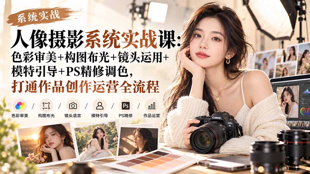 【无水印】人像摄影系统实战课:色彩审美+构图布光+镜头运用+模特引导+PS精修调色,打通作品创作运营全流程-副业网