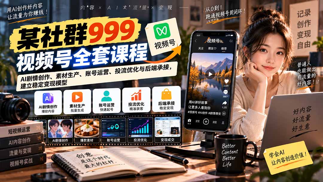 【无水印】某社群999视频号全套课程:AI剧情创作、素材生产、账号运营、投流优化与后端承接,建立稳定变现模型-副业网