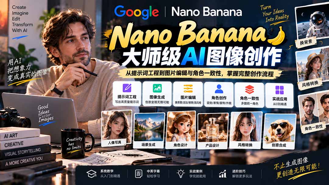 【无水印】Nano Banana大师级AI图像实战课:从提示词工程到图片编辑与角色一致性,掌握完整创作流程-副业网