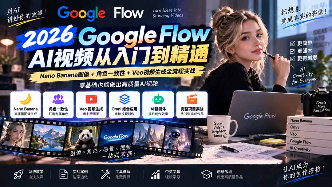 图片[2]-【无水印】Google Flow AI视频从入门到精通：Nano Banana图像+角色一致性+Veo视频生成全流程实战-精翻中英字幕-副业网
