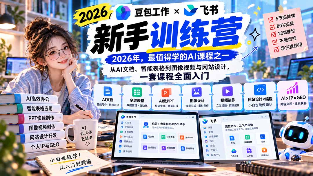 2026豆包工作+飞书新手训练营-9月新课:从AI文档、智能表格到图像视频与网站设计,一套课程全面入门-副业网