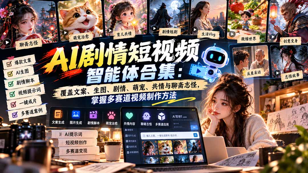 【无水印】AI剧情短视频智能体合集:覆盖文案、生图、剧情、萌宠、共情与聊斋志怪,掌握多赛道视频制作方法-副业网