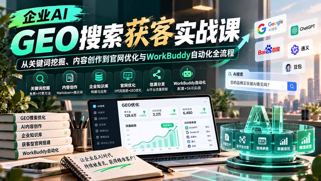 企业AI GEO搜索获客实战课:从关键词挖掘、内容创作到官网优化与WorkBuddy自动化全流程-副业网