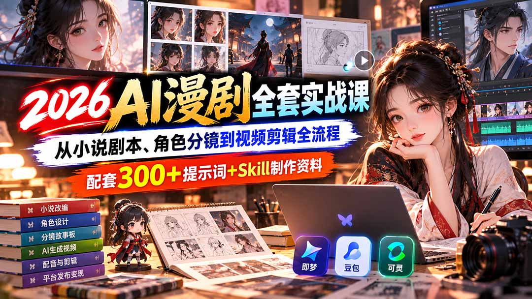 【无水印】2026AI漫剧全套实战课:从小说剧本、角色分镜到视频剪辑全流程,配套300+提示词+Skill制作资料-副业网