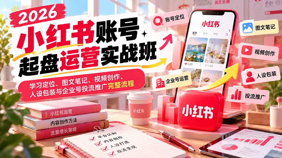 2026小红书账号起盘运营实战班:学习定位、图文笔记、视频创作、人设包装与企业号投流推广完整流程-副业网