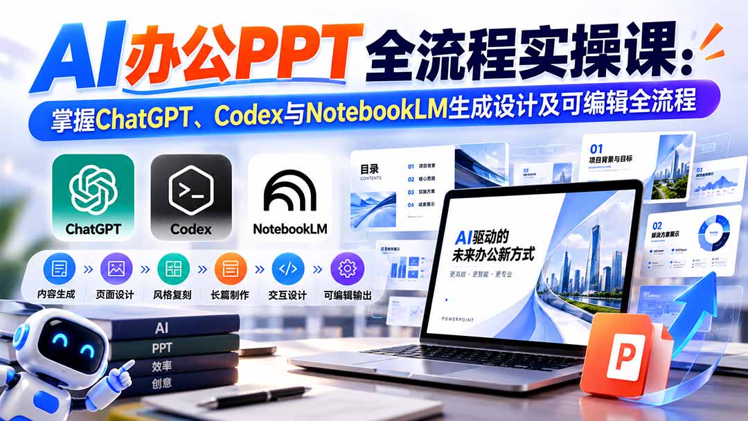 【无水印】AI办公PPT全流程实操课: 掌握ChatGPT、Codex与NotebookLM生成设计及可编辑全流程-副业网