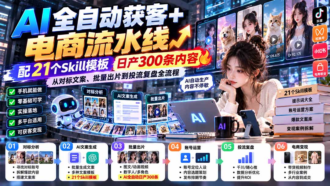 【无水印】AI全自动获客+电商流水线:配21个Skill模板,日产300条内容,从对标文案、批量出片到投流复盘全流程-副业网
