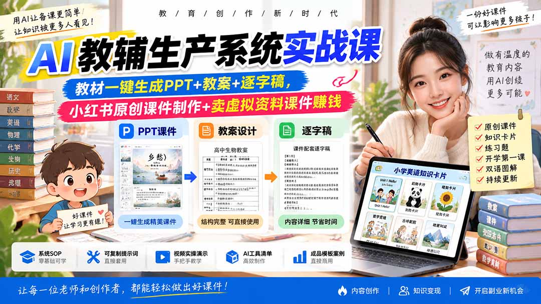AI教辅生产系统实战课-更新0926|教材一键生成PPT+教案+逐字稿,小红书原创课件制作+卖虚拟资料课件赚钱-副业网