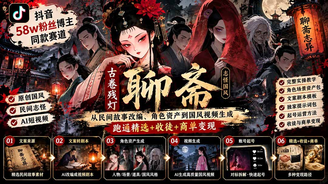 图片[2]-抖音58w粉丝博主同款赛道古卷残灯聊斋：从民间故事改编、角色资产到国风视频生成，跑通精选+收徒+商单变现-副业网