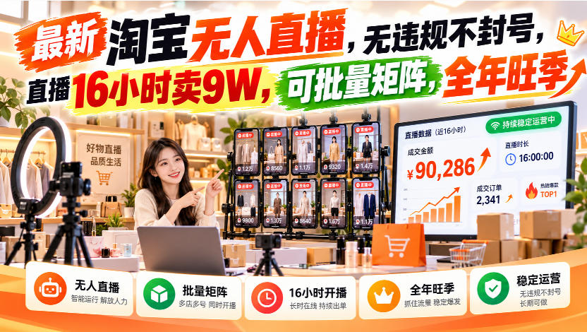 最新淘宝无人直播,无违规不封号,直播16小时卖9W,可批量矩阵,全年旺季【揭秘】-副业网
