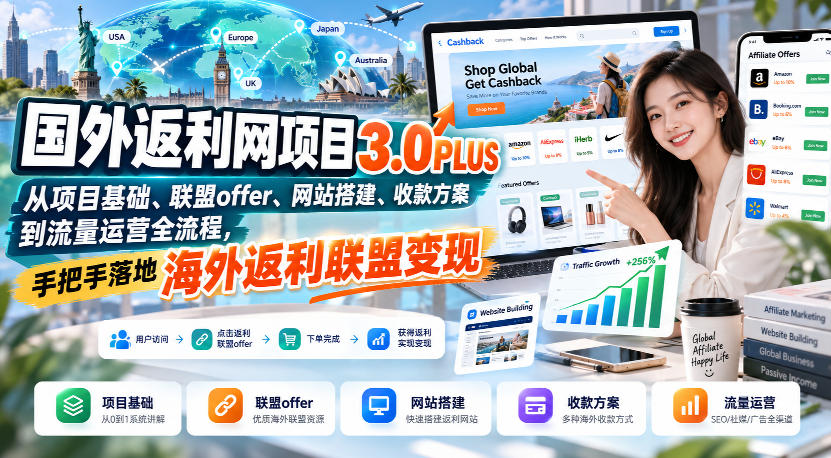 国外返利网项目3.0PLUS,从项目基础、联盟offer、网站搭建、收款方案到流量运营全流程,手把手落地海外返利联盟变现-副业网