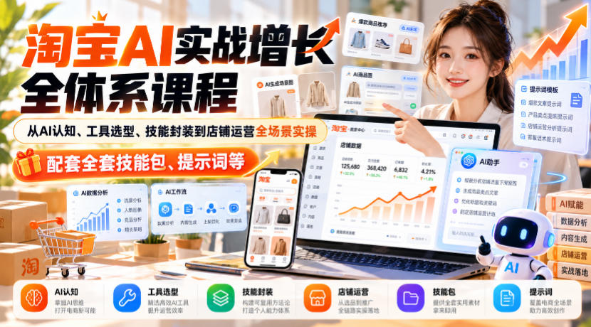 淘宝AI实战增长全体系课程,从AI认知、工具选型、技能封装到店铺运营全场景实操,配套全套技能包、提示词等-副业网