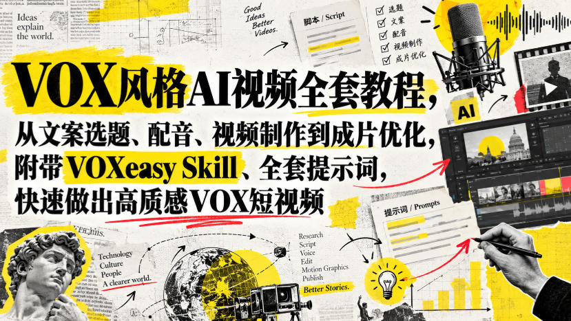 VOX风格AI视频全套教程,从文案选题、配音、视频制作到成片优化,附带VOXeasy Skill、全套提示词,快速做出高质感VOX短视频-副业网