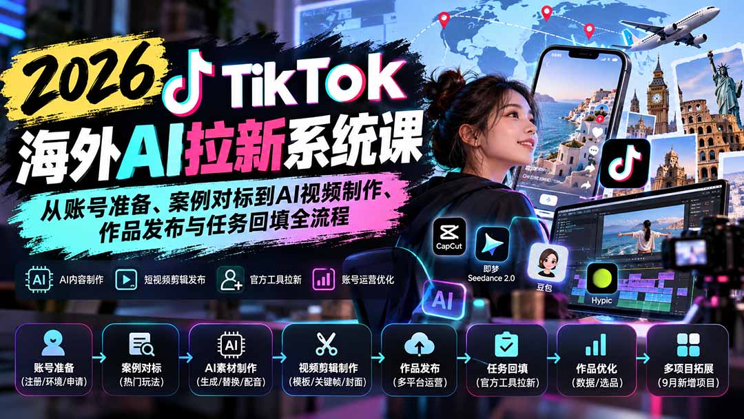 【无水印】2026 TikTok海外AI拉新系统课:从账号准备、案例对标到AI视频制作、作品发布与任务回填全流程-副业网