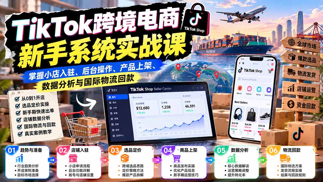 TikTok跨境电商新手系统实战课:掌握小店入驻、后台操作、产品上架、数据分析与国际物流回款-副业网