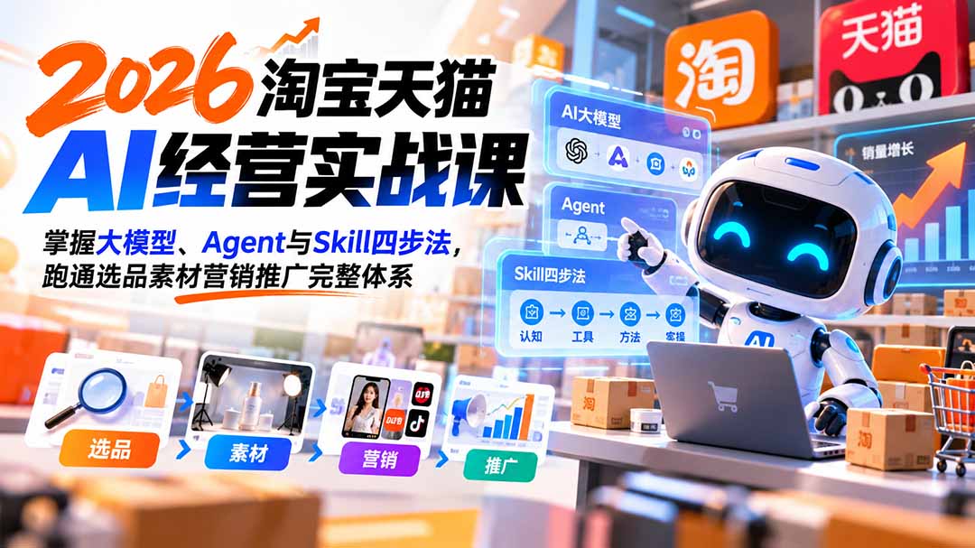 【无水印】2026淘宝天猫AI经营实战课:掌握大模型、Agent与Skill四步法,跑通选品素材营销推广完整体系-副业网