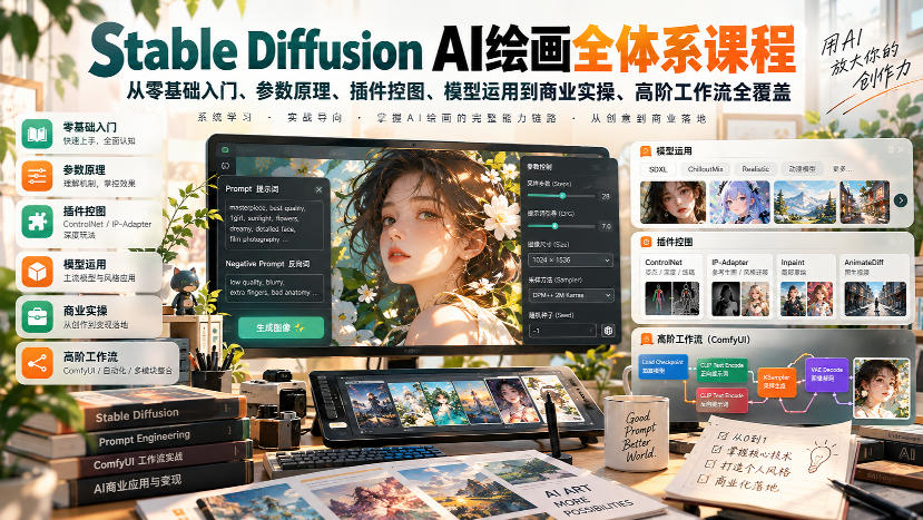 【无水印】Stable Diffusion AI绘画全体系课程,从零基础入门、参数原理、插件控图、模型运用到商业实操、高阶工作流全覆盖-副业网