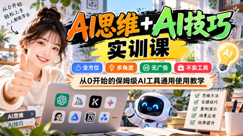 【无水印】AI思维+AI技巧实训课,全方位、多角度、无广告、不卖工具,从0开始的保姆级AI工具通用使用教学-副业网