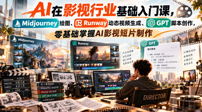 【无水印】AI在影视行业基础入门课,Midjourney绘图、Runway动态视频生成、GPT脚本创作,零基础掌握AI影视短片制作-副业网