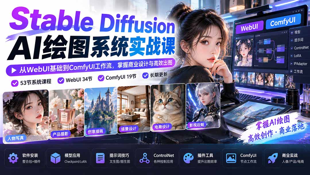 【无水印】Stable Diffusion AI绘图系统实战课:从WebUI基础到ComfyUI工作流,掌握商业设计与高效出图-副业网