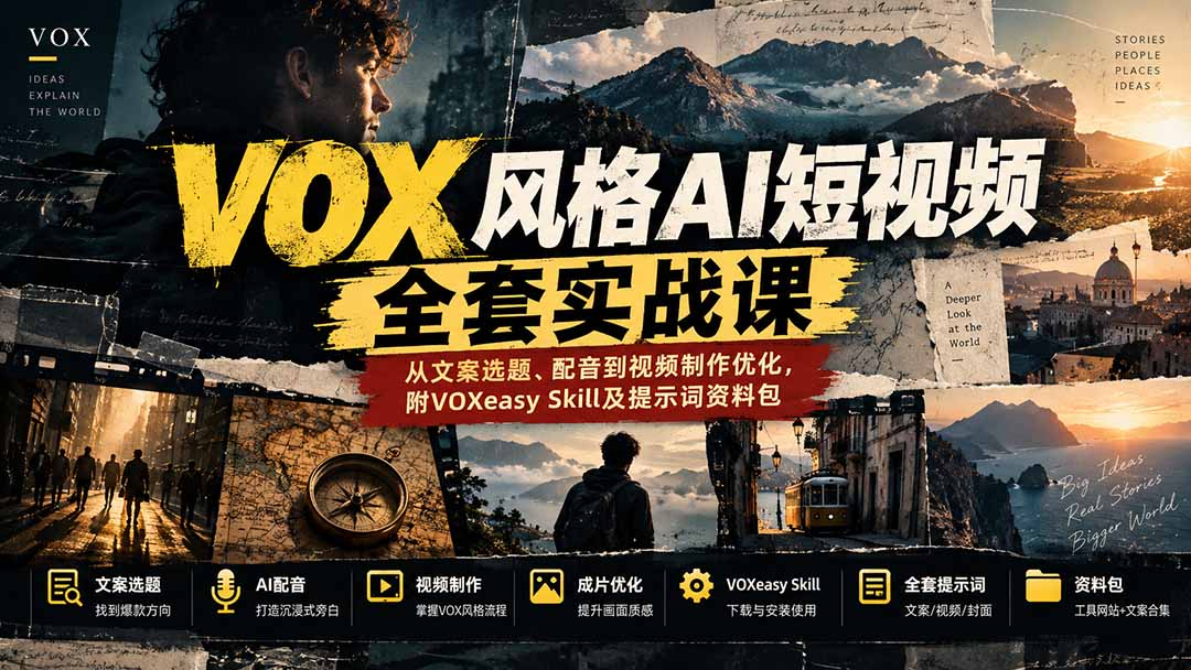 【无水印】VOX风格AI短视频全套实战课：从文案选题、配音到视频制作优化，附VOXeasy Skill及提示词资料包-副业网