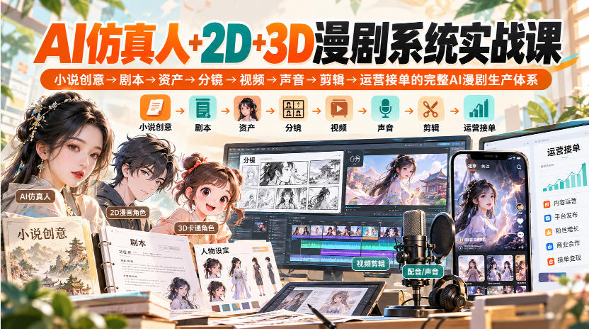 【无水印】AI仿真人+2D+3D漫剧系统实战课,小说创意→剧本→资产→分镜→视频→声音→剪辑→运营接单的完整AI漫剧生产体系-副业网