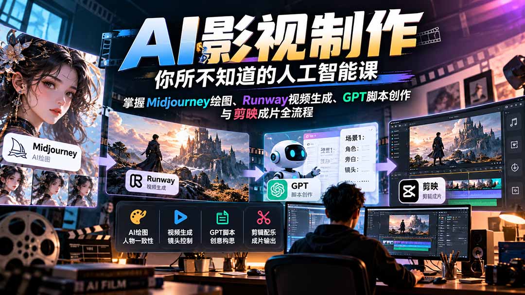 【无水印】AI影视制作-你所不知道的人工智能课,掌握Midjourney绘图、Runway视频生成、GPT脚本创作与剪映成片全流程-副业网