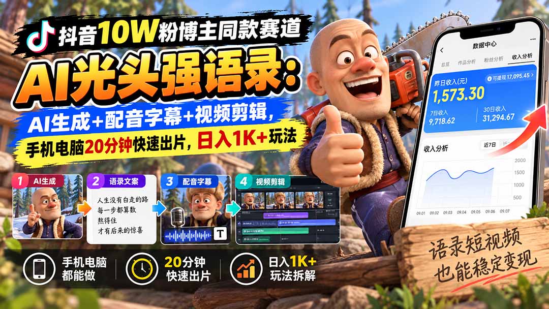 图片[2]-【无水印】抖音10W粉博主同款赛道AI光头强语录：AI生成+配音字幕+视频剪辑，手机电脑20分钟快速出片，日入1K+玩法-副业网