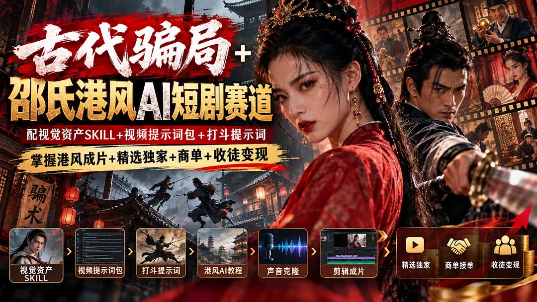 图片[2]-古代骗局+邵氏港风AI短剧赛道：配视觉资产SKILL+视频提示词包+打斗提示词，掌握港风成片+精选独家+商单+收徒变现-副业网