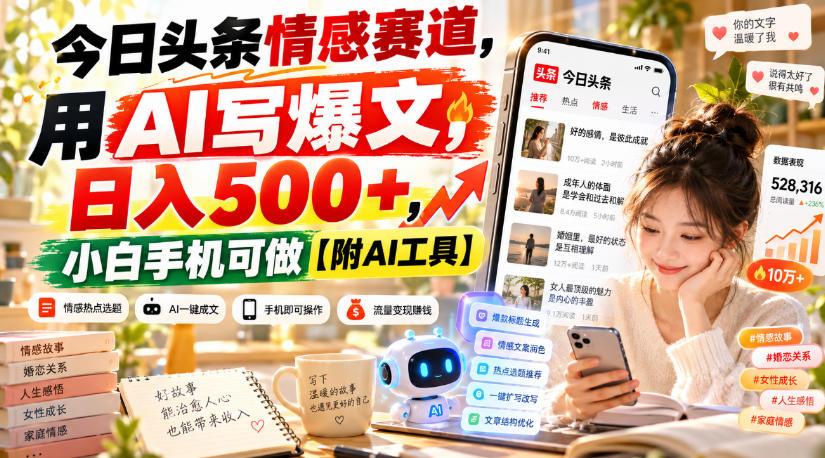 今日头条情感赛道,用AI写爆文,日入500+,小白手机可做【附AI工具】-副业网