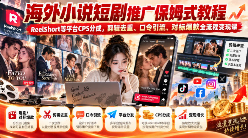 海外小说短剧推广保姆式教程|ReelShort等平台CPS分成,剪辑去重、口令引流、对标爆款全流程变现课-副业网