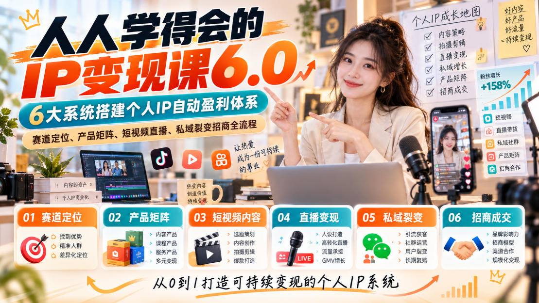 人人学得会的IP变现课6.0,6大系统搭建个人IP自动盈利体系,赛道定位、产品矩阵、短视频直播、私域裂变招商全流程-副业网