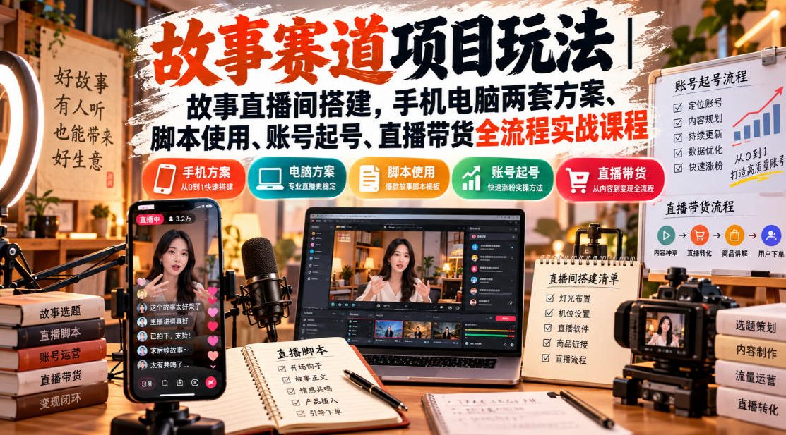 故事赛道项目玩法|故事直播间搭建,手机电脑两套方案、脚本使用、账号起号、直播带货全流程实战课程-副业网