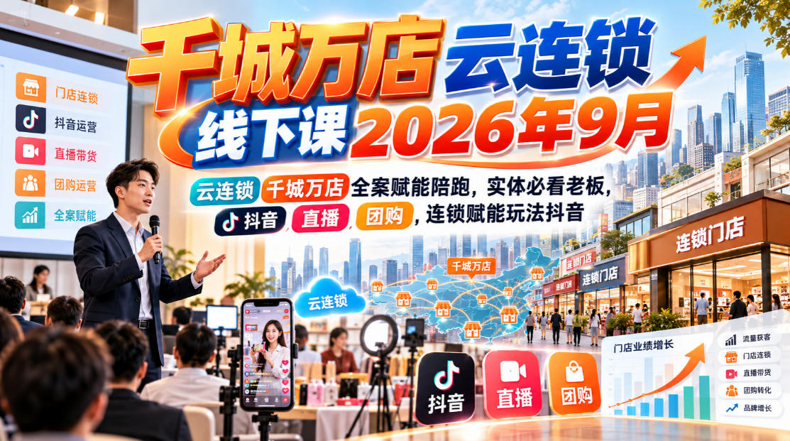 千城万店云连锁线下课2026年9月，云连锁千城万店全案赋能陪跑，实体必看老板，抖音，直播，团购，连锁赋能玩法抖音-副业网