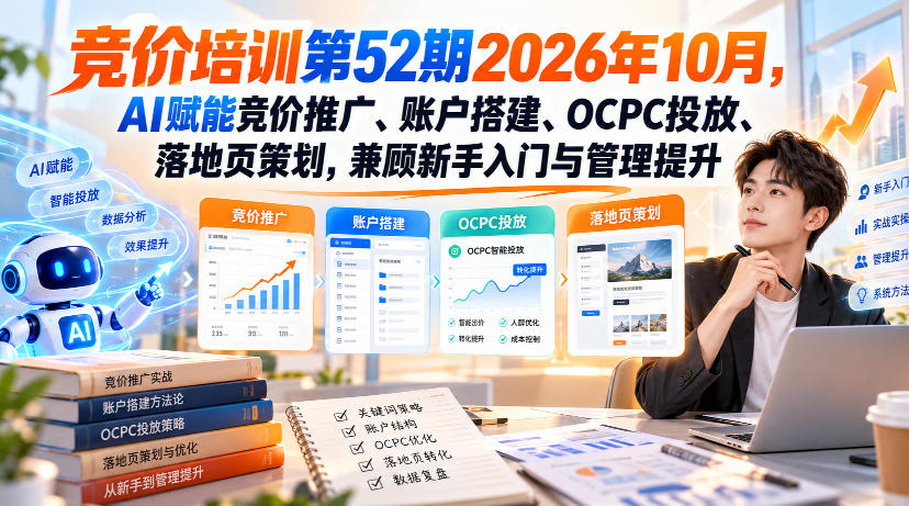 【无水印】竞价培训第52期2026年10月,AI赋能竞价推广、账户搭建、OCPC投放、落地页策划,兼顾新手入门与管理提升-副业网