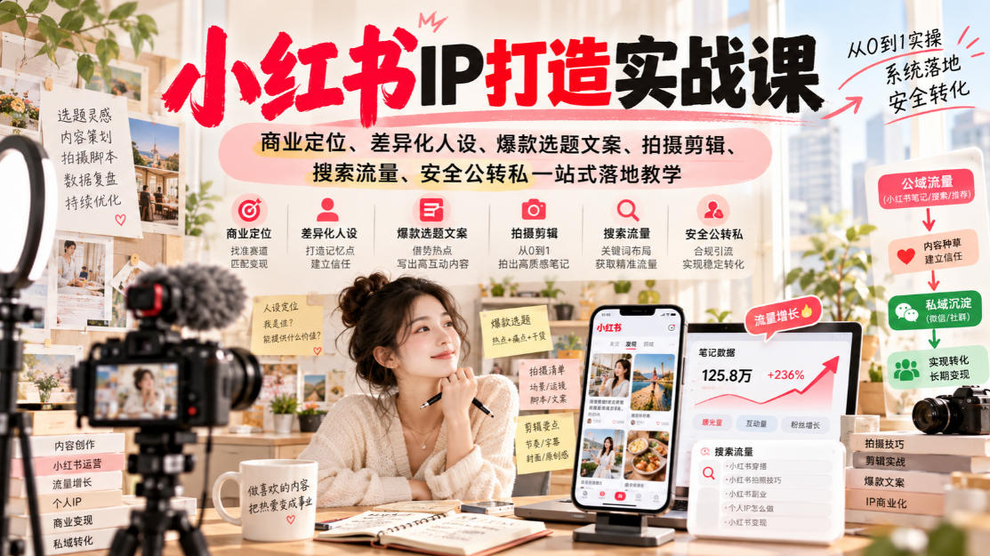 小红书ip打造实战课,商业定位、差异化人设、爆款选题文案、拍摄剪辑、搜索流量、安全公转私一站式落地教学-副业网