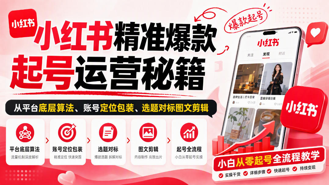 小红书精准爆款起号运营秘籍,从平台底层算法、账号定位包装、选题对标图文剪辑,小白从零起号全流程-副业网
