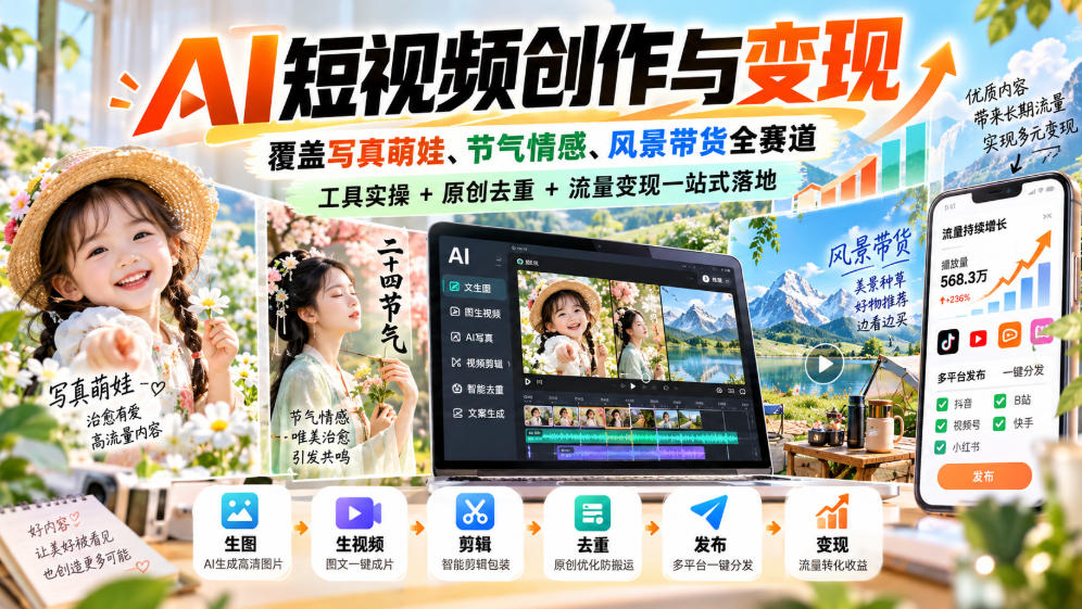 AI短视频创作与变现,覆盖写真萌娃、节气情感、风景带货全赛道,工具实操+原创去重+流量变现一站式落地-副业网