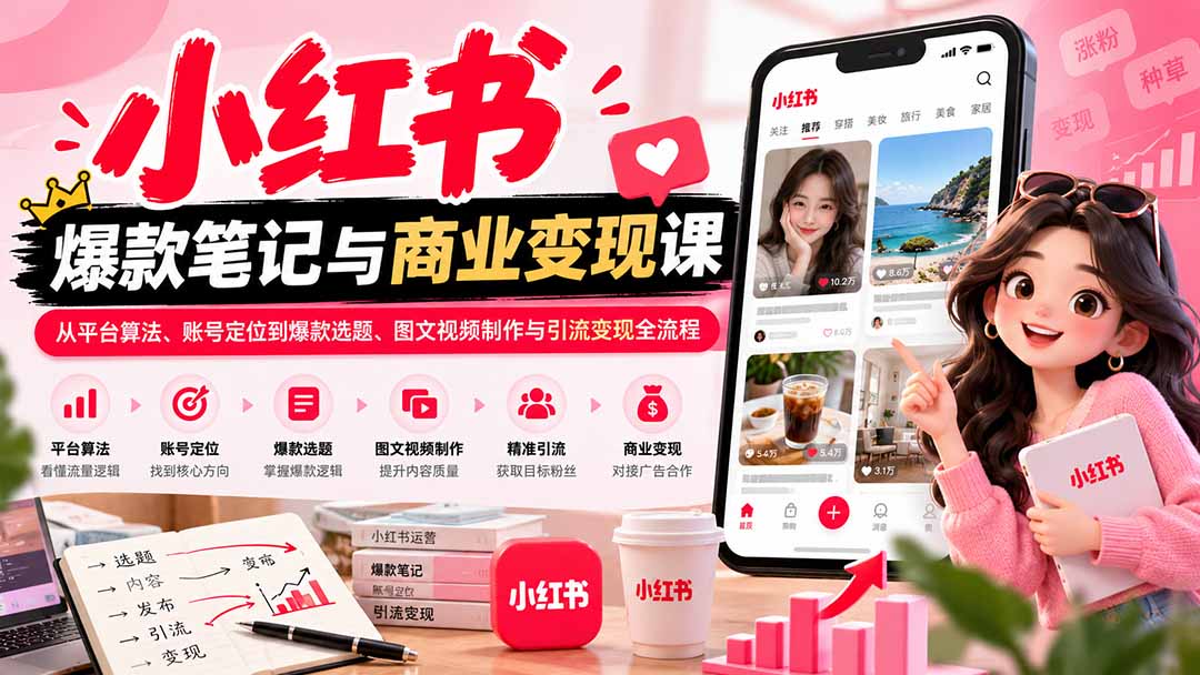 2026小红书爆款笔记与商业变现课:从平台算法、账号定位到爆款选题、图文视频制作与引流变现全流程-副业网