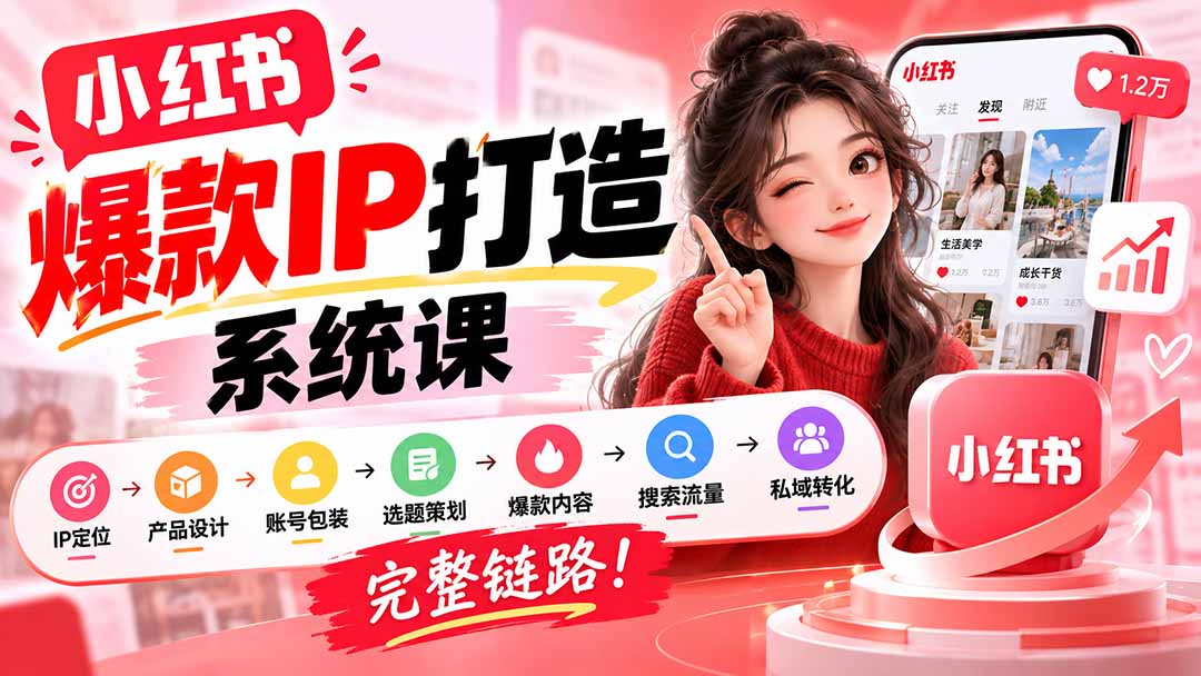 【无水印】小红书爆款IP打造课:IP定位→产品设计→账号包装→选题策划→爆款内容→搜索流量→私域转化,完整链路-副业网