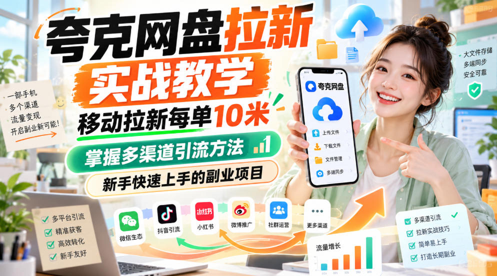 夸克网盘拉新实战教学,移动拉新每单10米,掌握多渠道引流方法,新手快速上手的副业项目(更新0929)-副业网