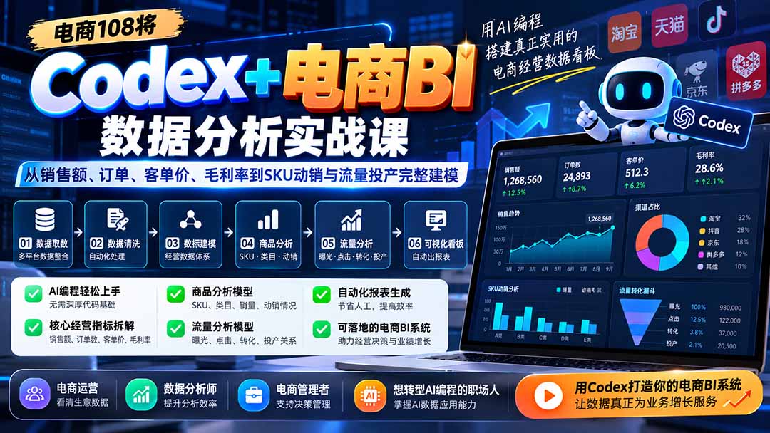 图片[2]-Codex+电商BI数据分析实战课-更新：从销售额、订单、客单价、毛利率到SKU动销与流量投产完整建模-副业网